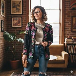 Vintage Hand Beaded Floral Sequin Blazer Jacket Black Silk Floral Maximalist